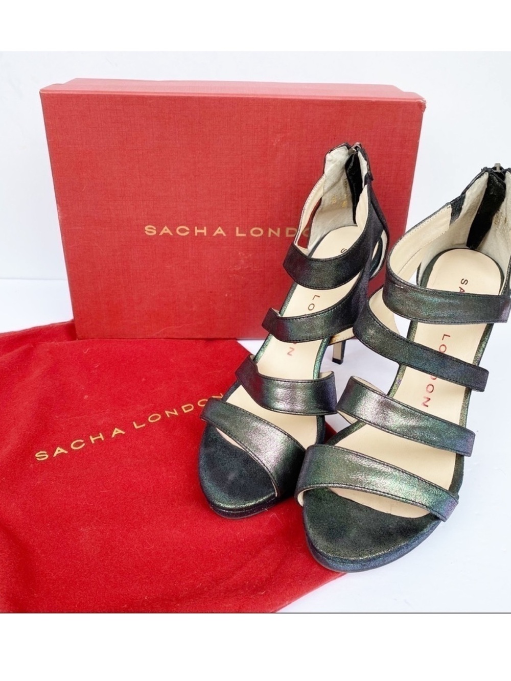Sasha London Rebi Black Albeniz Iridescent Metallic Sandals Heels Size 10